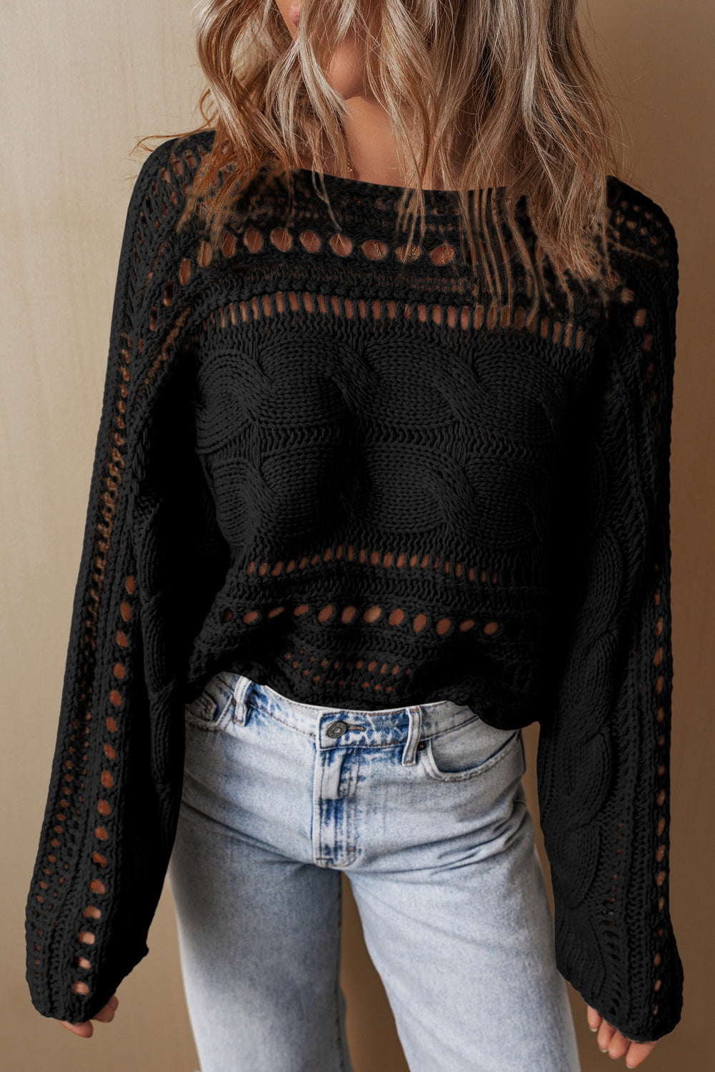 Smoke Gray Hollow Out Cable Knit Cropped Sweater