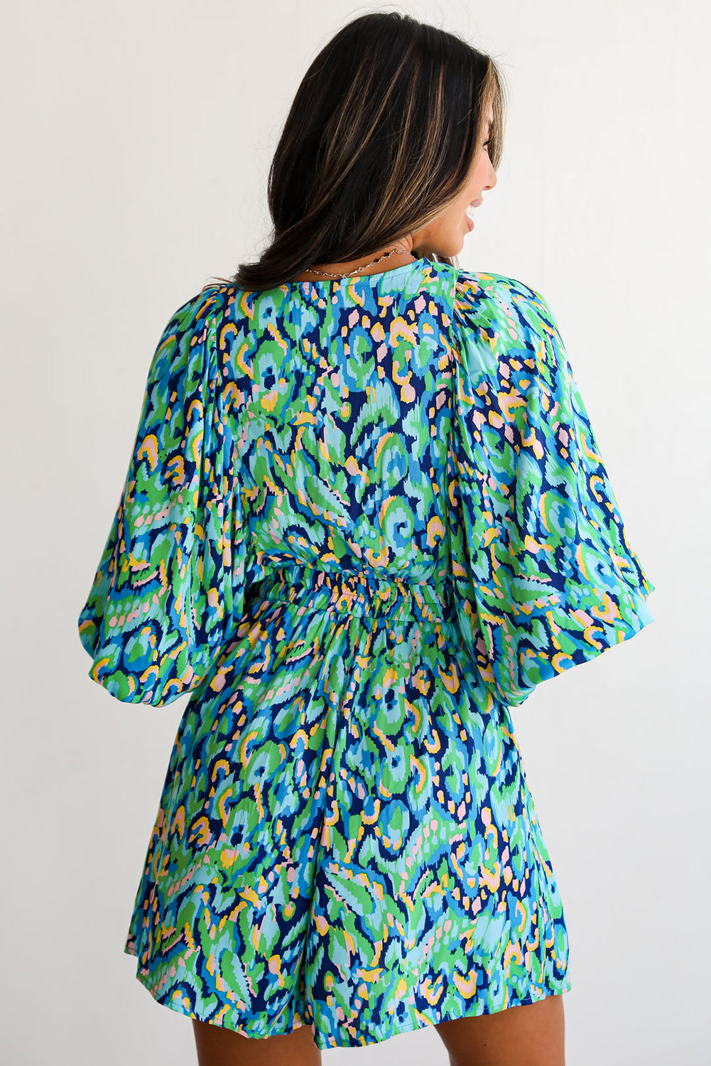 Green Abstract Print Batwing Sleeve V Neck High Waist Romper