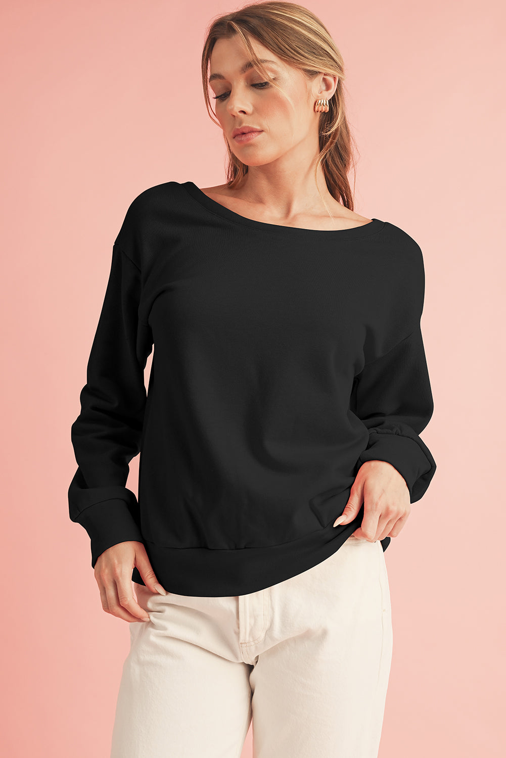 Apricot Bowknot Plain Round Neck Sweatshirt