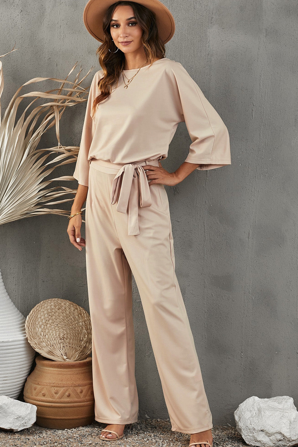 Apricot Boat Neck Knot Wide Leg Jumpsuit