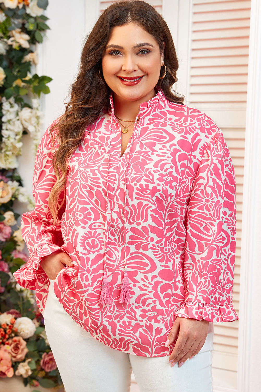 Pink Plus Size Floral Print Frilled Neck Puff Sleeve Blouse