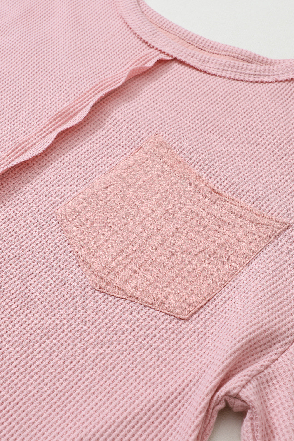 Pink Waffle and Crinkle Patchwork Long Sleeve Top