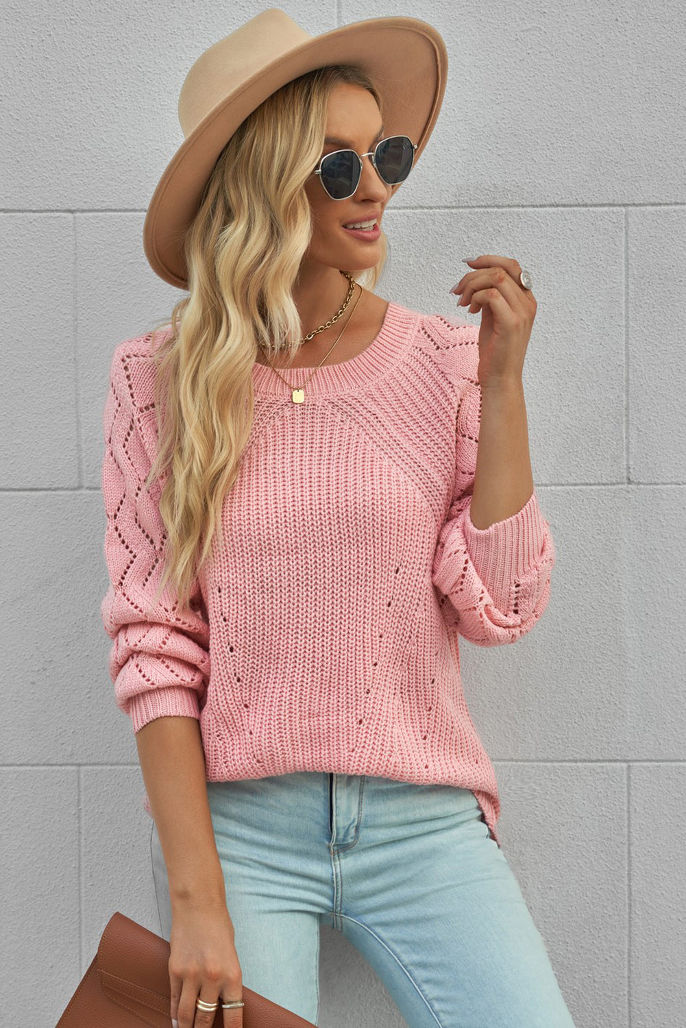 Pink Knit Hollow Out Long Sleeve Pullover Sweater