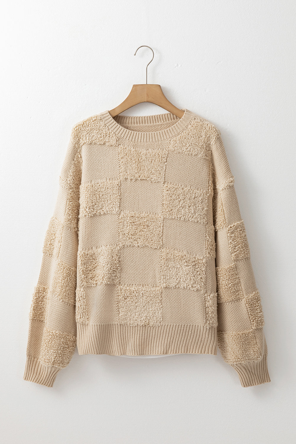 Parchment Checkered Sherpa Crew Neck Loose Sweater