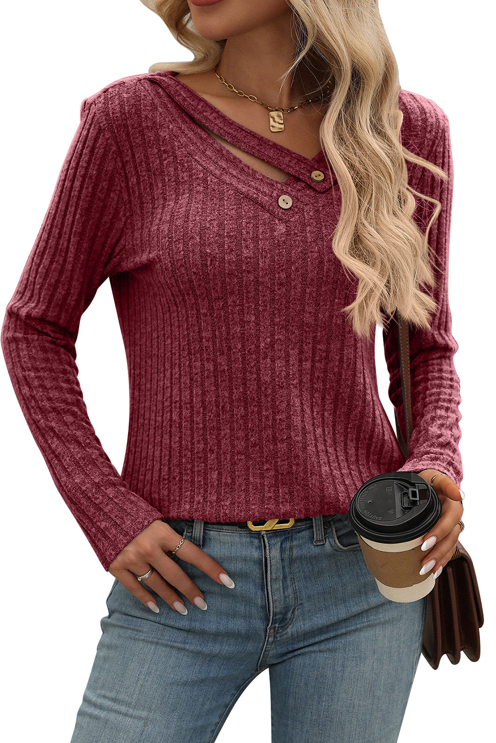 Mineral Red Ribbed Long Sleeve Buttoned Strap V Neck Top