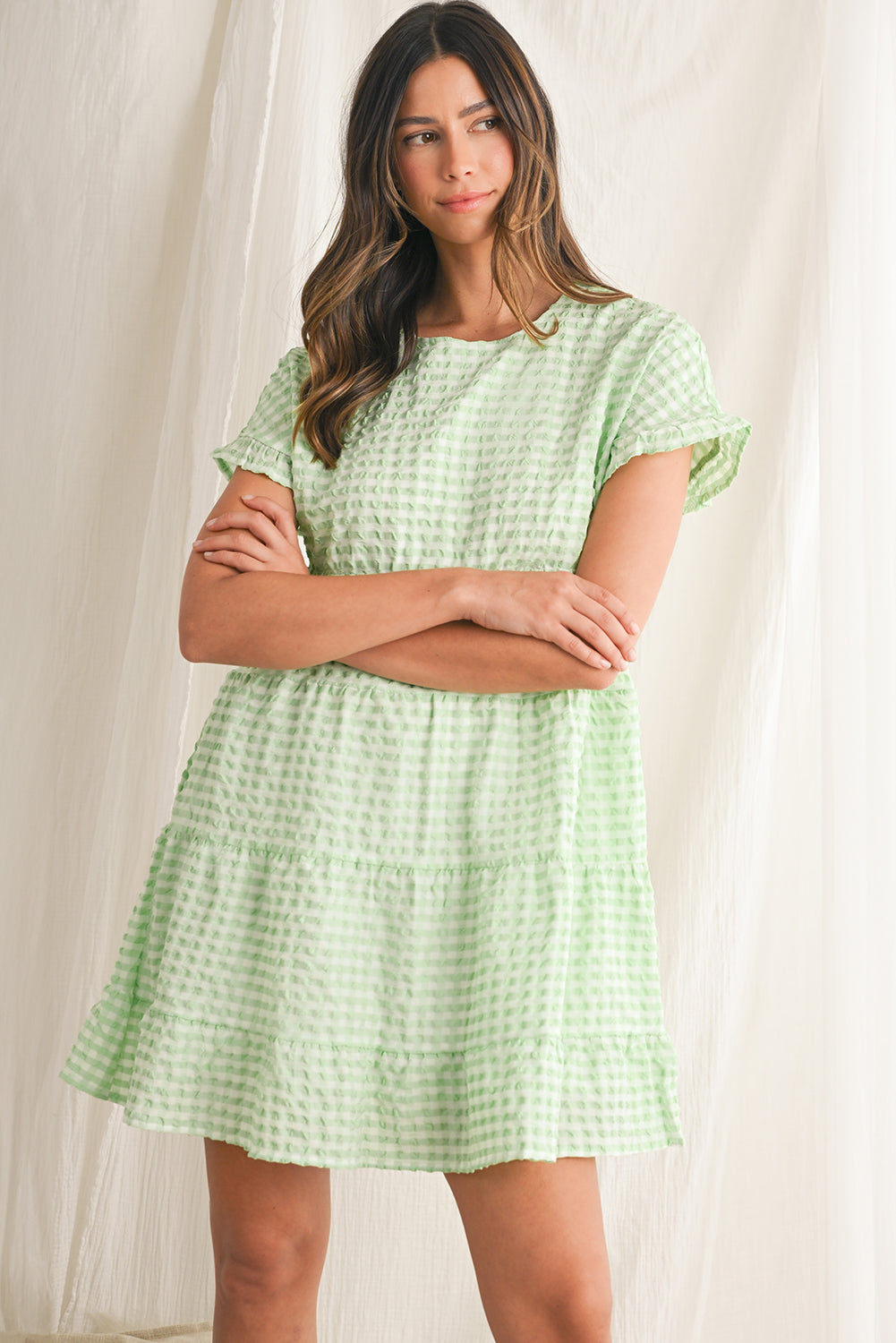 Green Plaid Ruffle Tiered Mini Dress