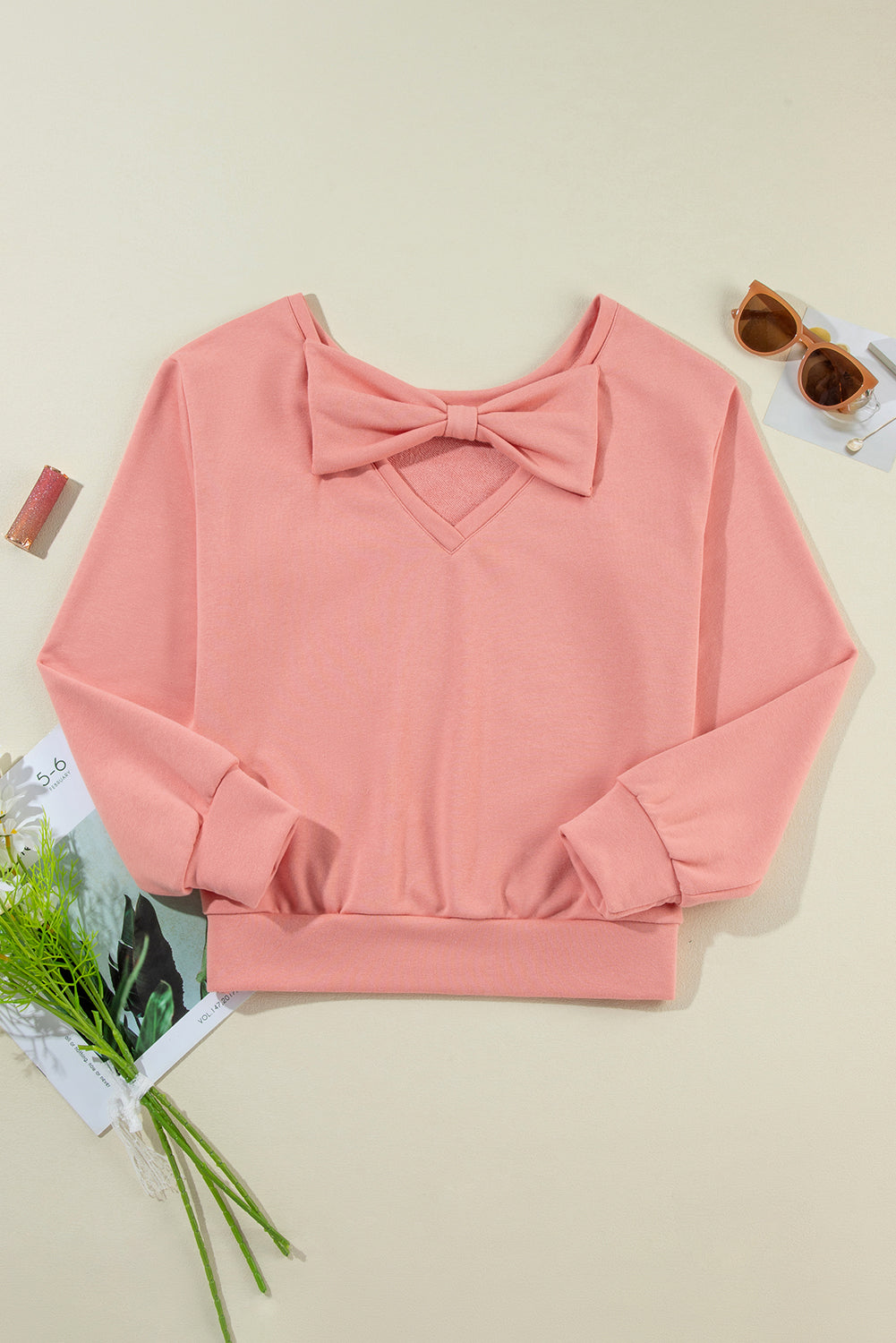 Apricot Bowknot Plain Round Neck Sweatshirt