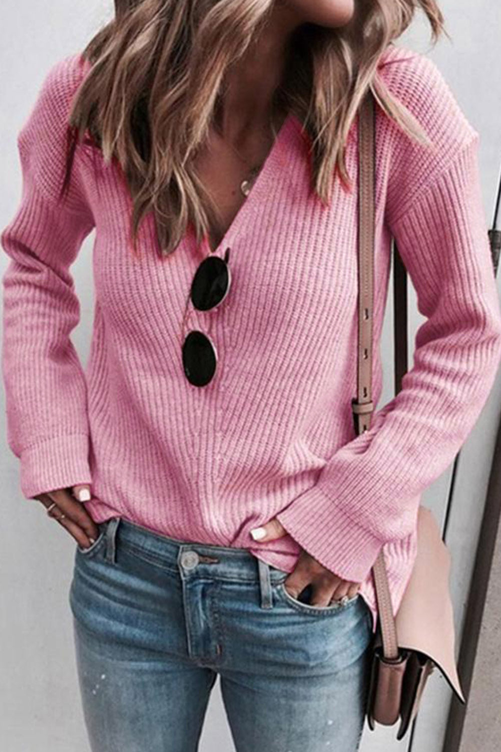 Pink Basic Ribbed Knit V Neck Sweater