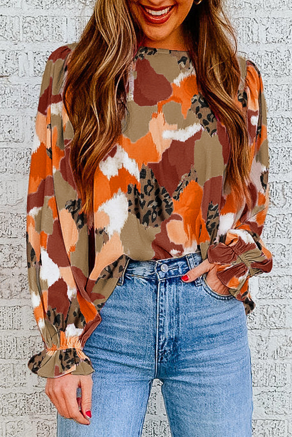 Multicolor Abstract Print Boho Frill Long Sleeve Blouse