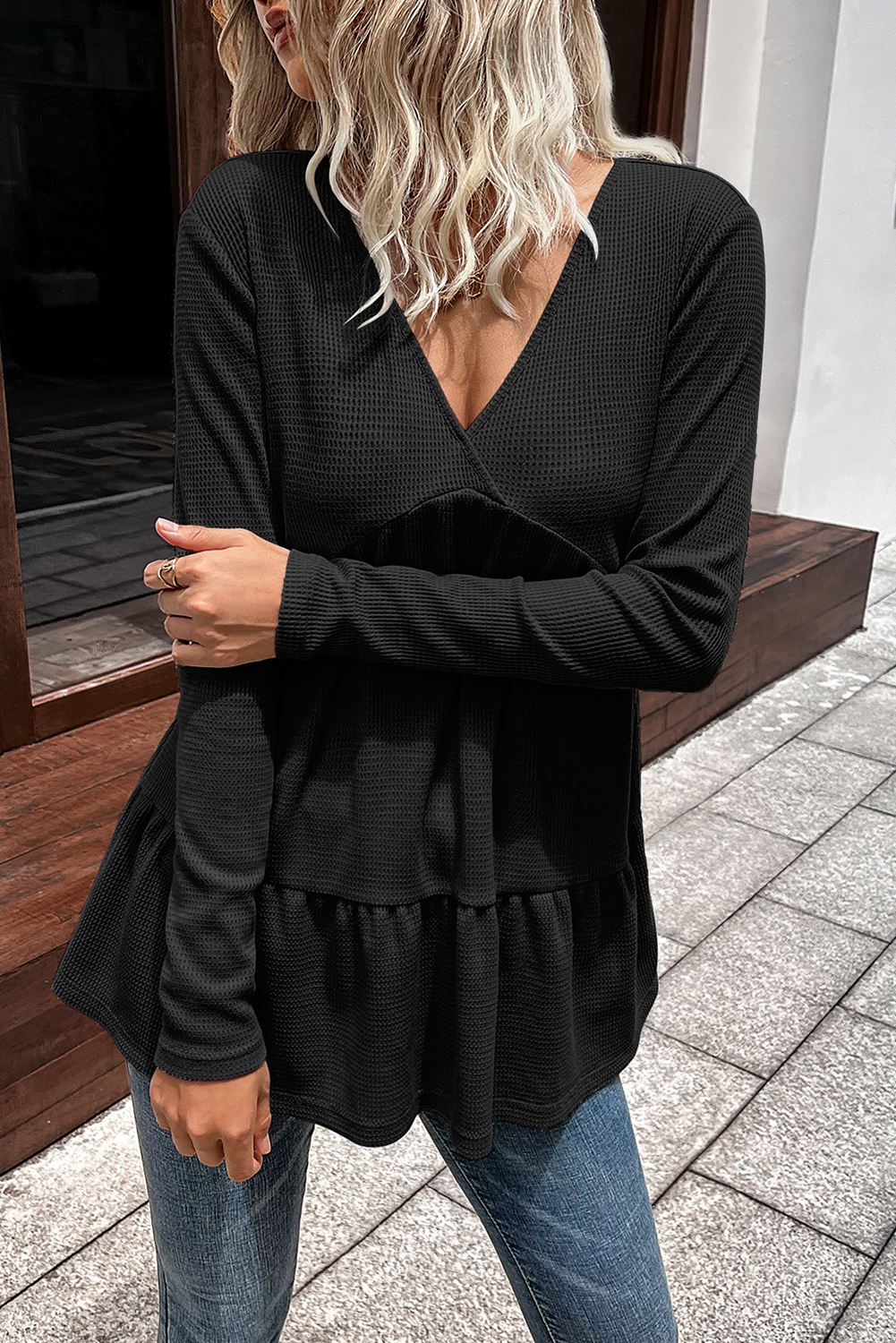 Black Solid Color Waffle V Neck Long Sleeve Top