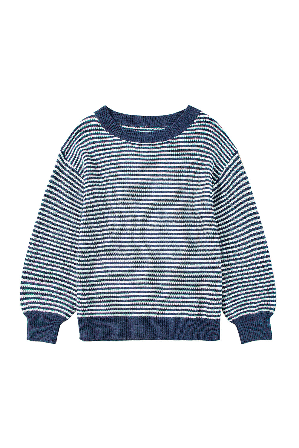 Sail Blue Striped Drop Shoulder Lantern Sleeve Sweater