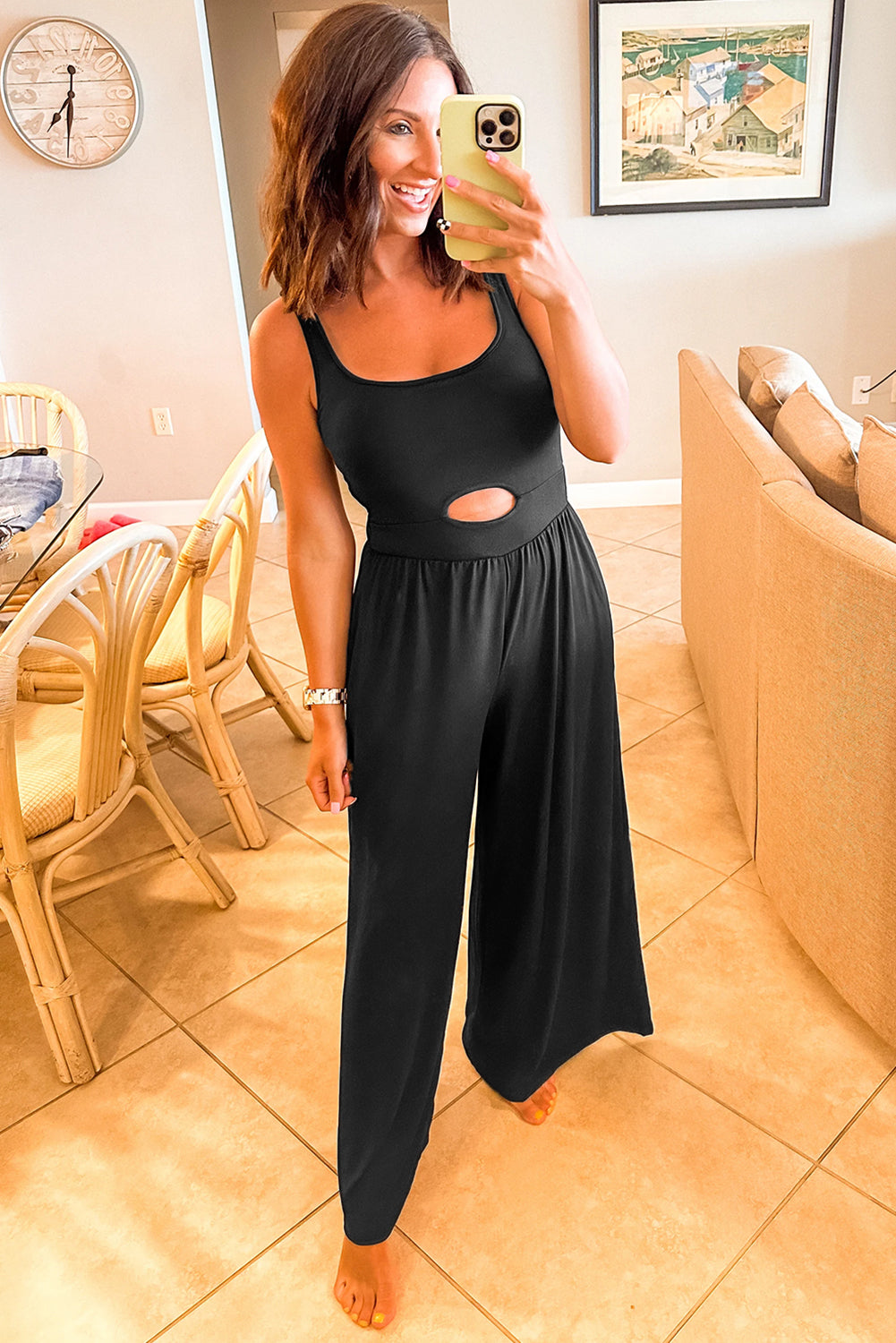 Black Solid Color Cutout Wide Leg Jumpsuit