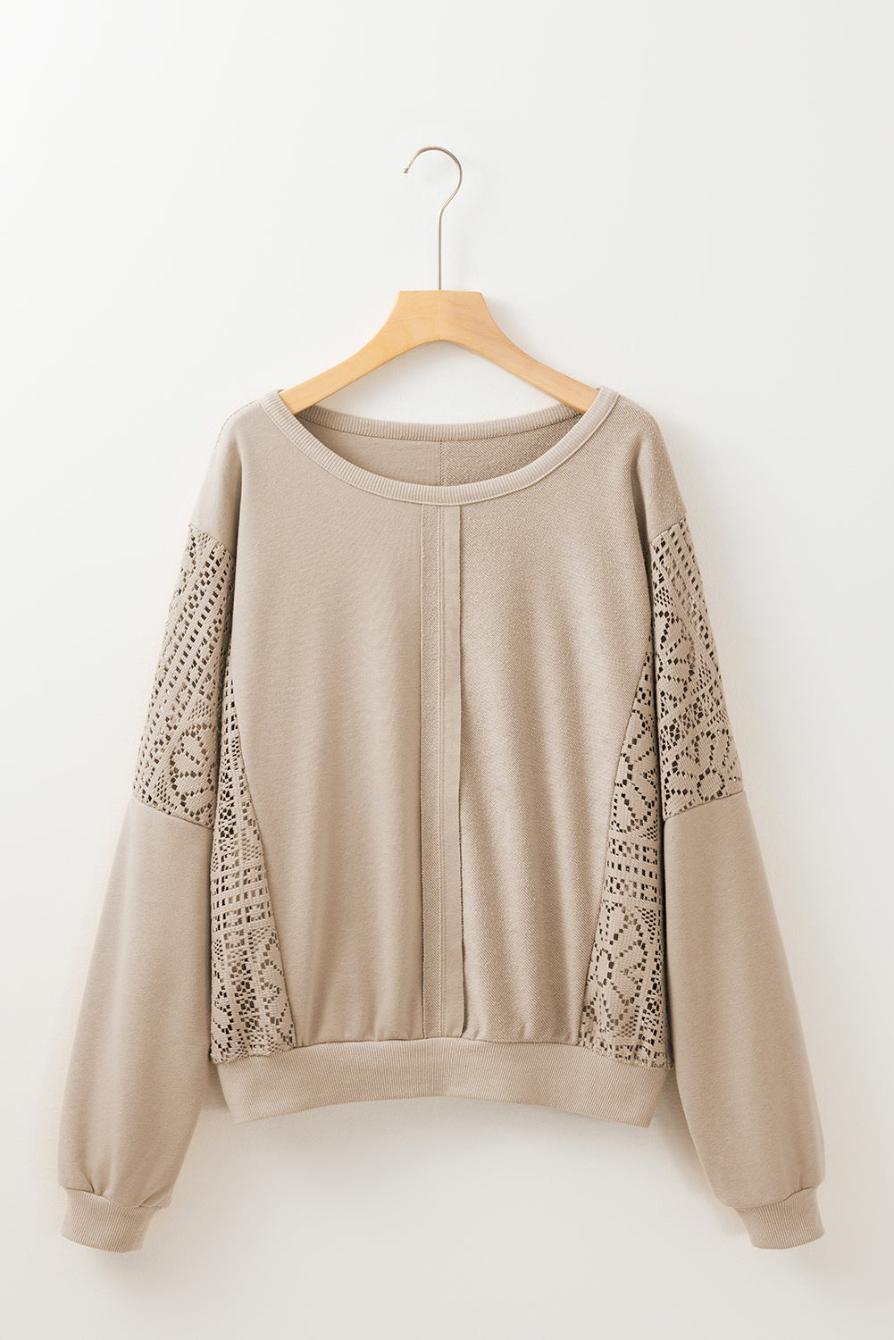 Parchment Crochet Patchwork Exposed Seam Ribbed Trim Sweatshirt