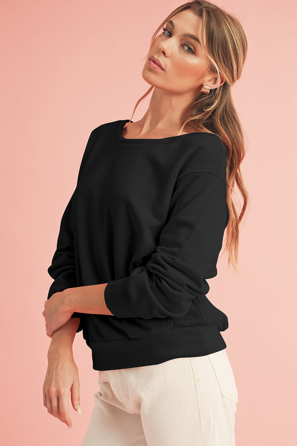 Apricot Bowknot Plain Round Neck Sweatshirt