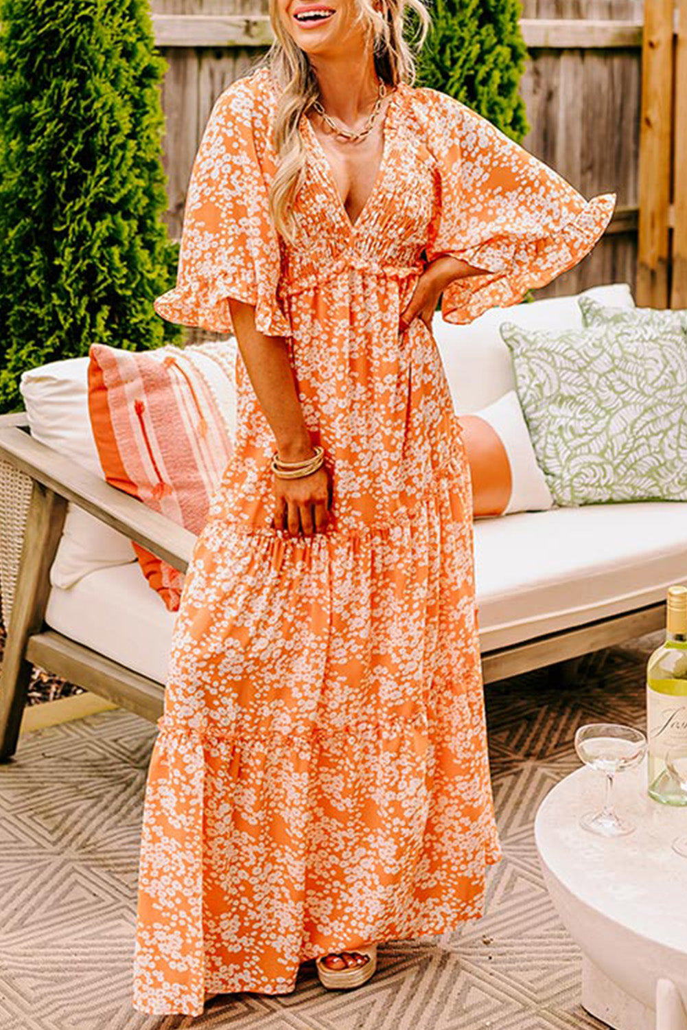 Orange Floral Print Smocked V Neck Bell Sleeve Maxi Dress