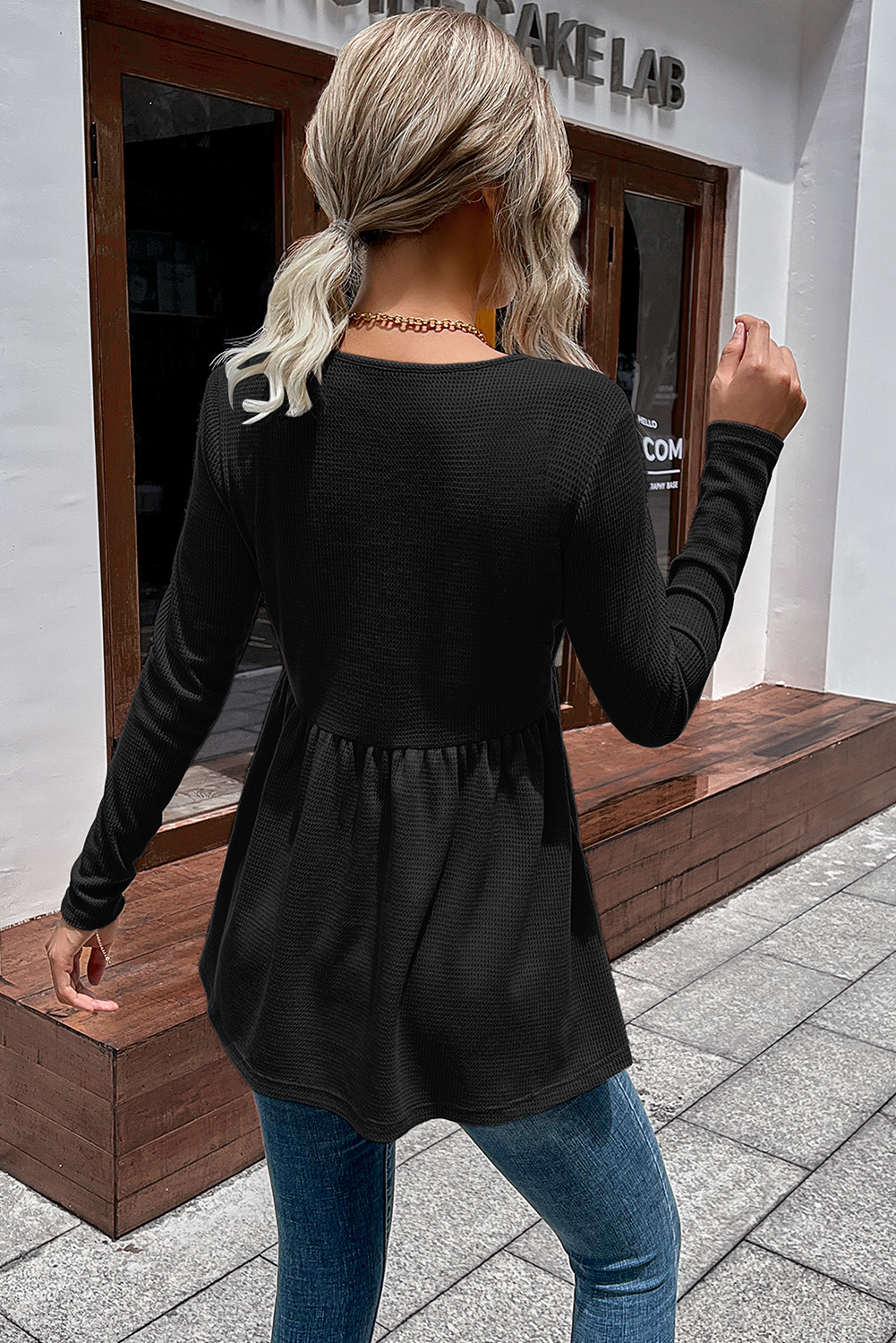 Black Solid Color Waffle V Neck Long Sleeve Top