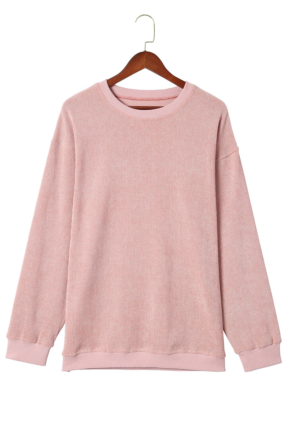 Pink Solid Ribbed Round Neck Pullover Sweatshirt