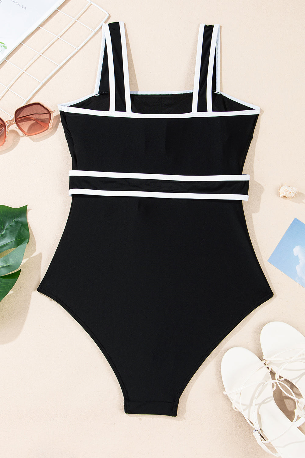 Black Contrast Edge Belted One Piece Swimsuit