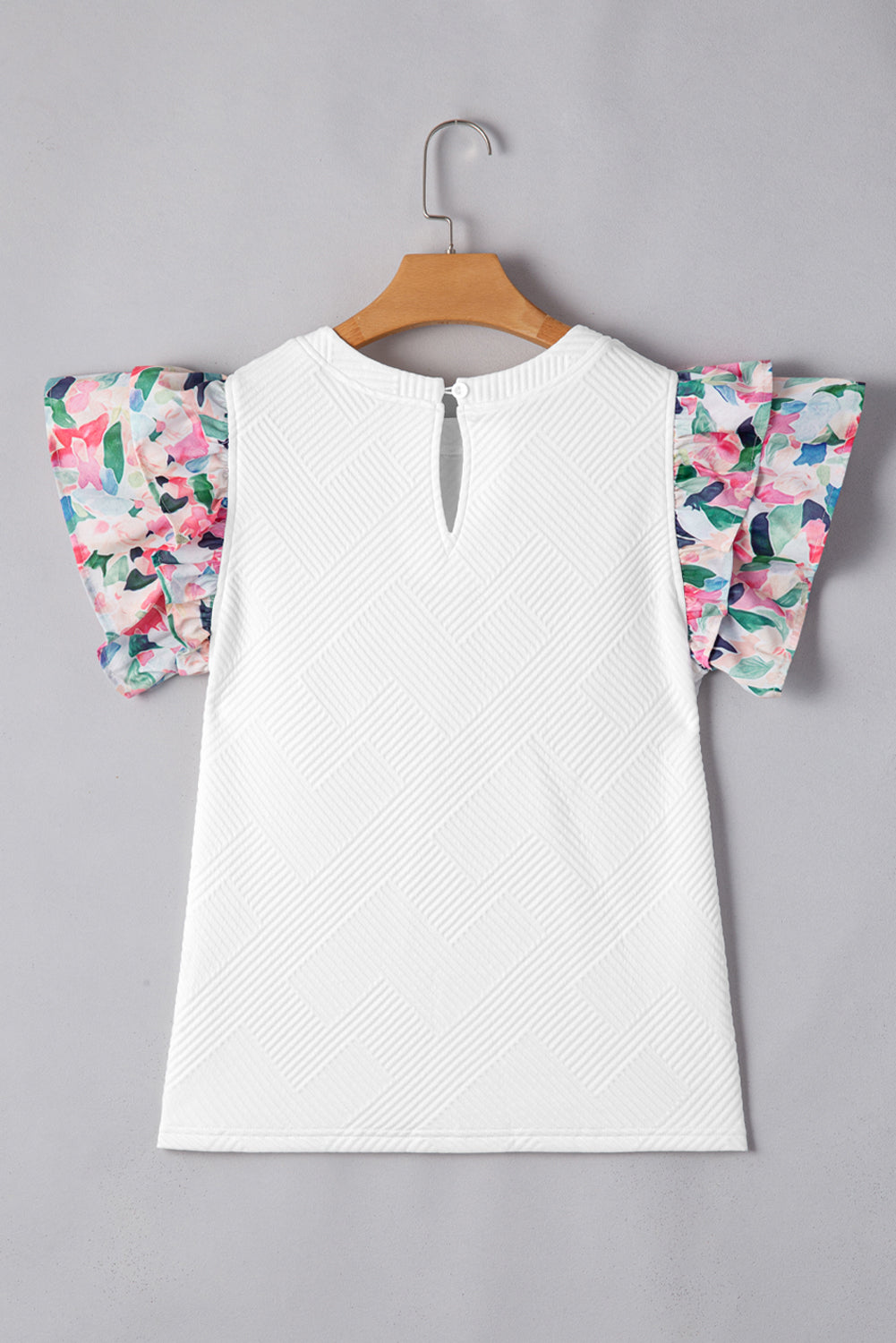 White Abstract Print Tiered Ruffled Sleeve Textured Knit Top