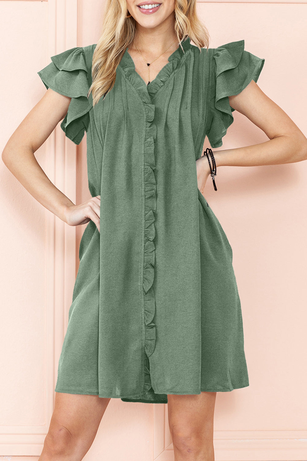 Mist Green Ruffle Trim Sleeve V Neck Pocketed Mini Dress