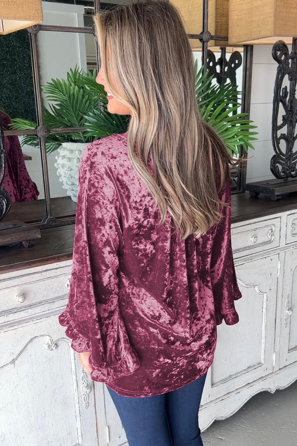 Red Dahlia Ruffle Bell Sleeve Loose Velvet Blouse