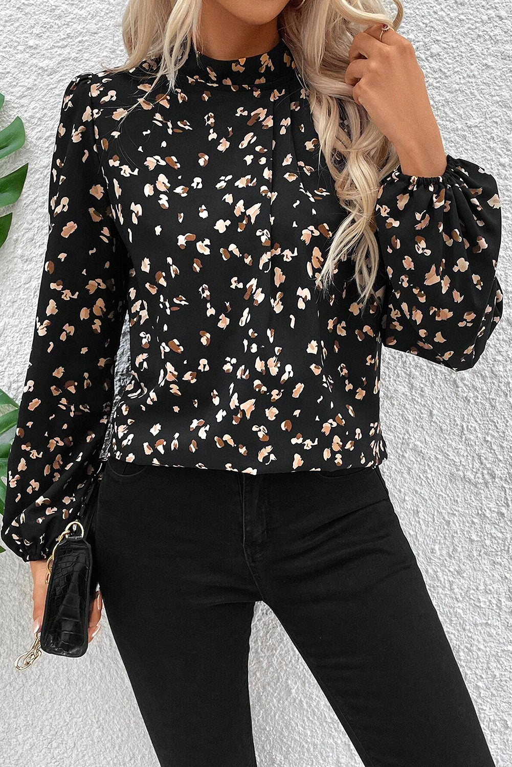 White Leopard Print Puff Sleeve Mock Neck Pleated Blouse