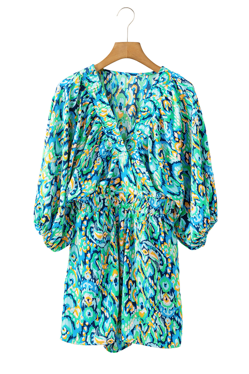 Green Abstract Print Batwing Sleeve V Neck High Waist Romper