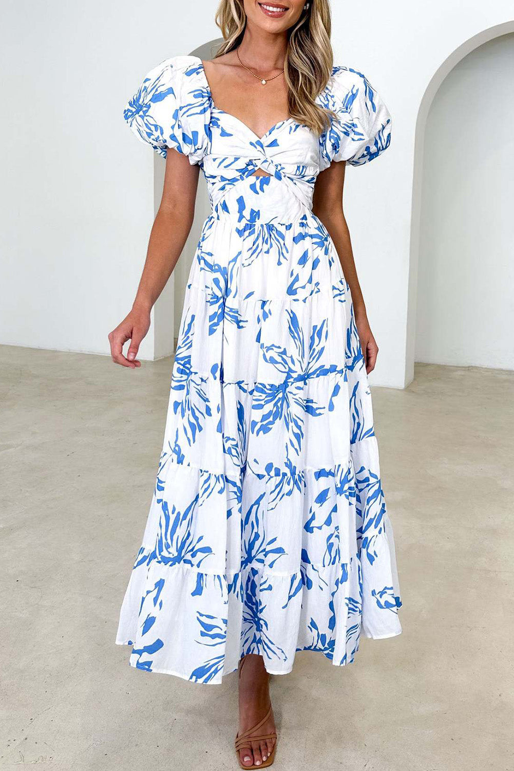 White Abstract Print Bubble Sleeve Swing High End Dress