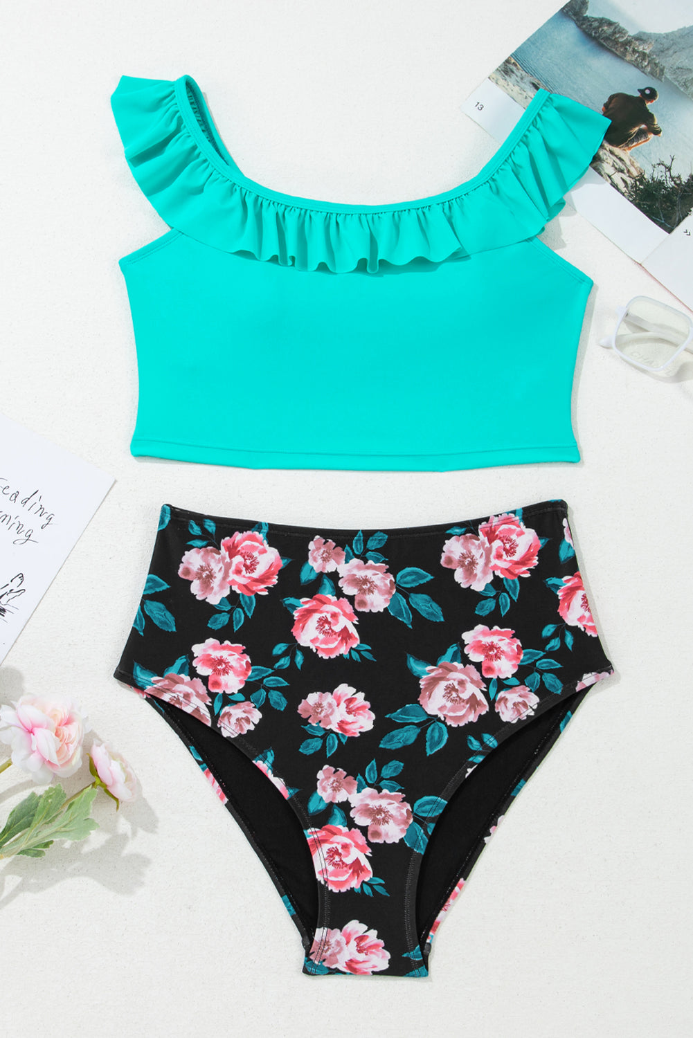 Sea Green Ruffle Square Neck Swim Top and Floral Shorts Bikini Set