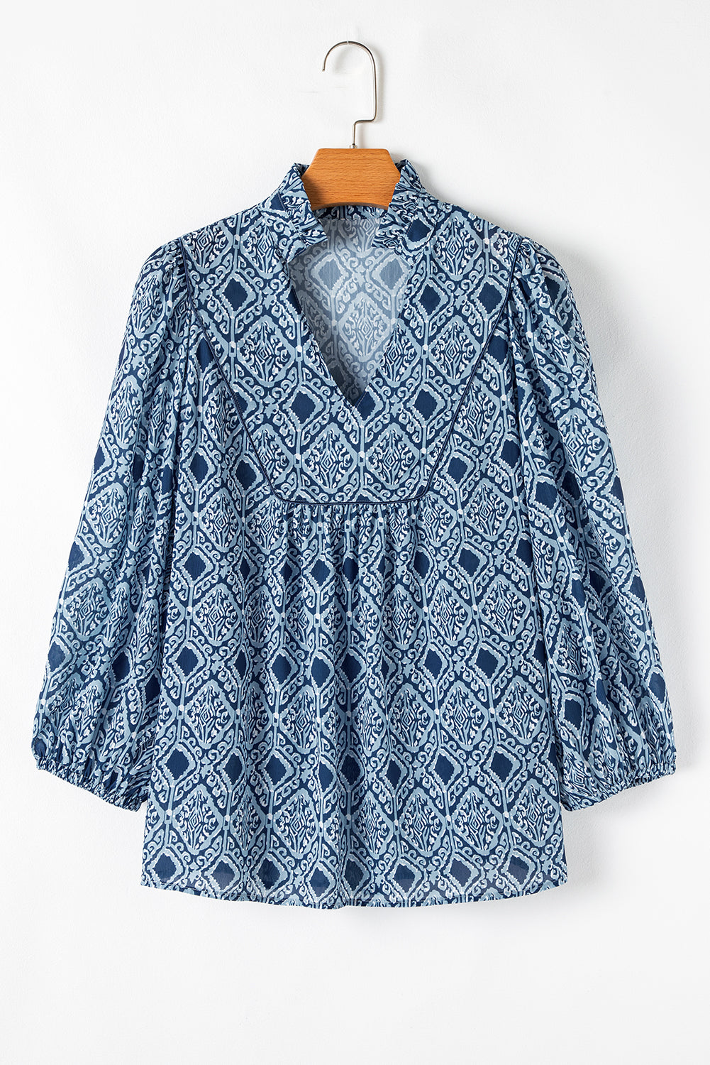 Sky Blue Ethnic Geometric Print Frill Neck Loose Fit Blouse