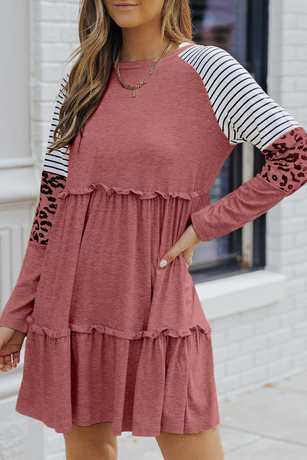 Pink Striped Leopard Patchwork Frill Long Sleeve Short Dress