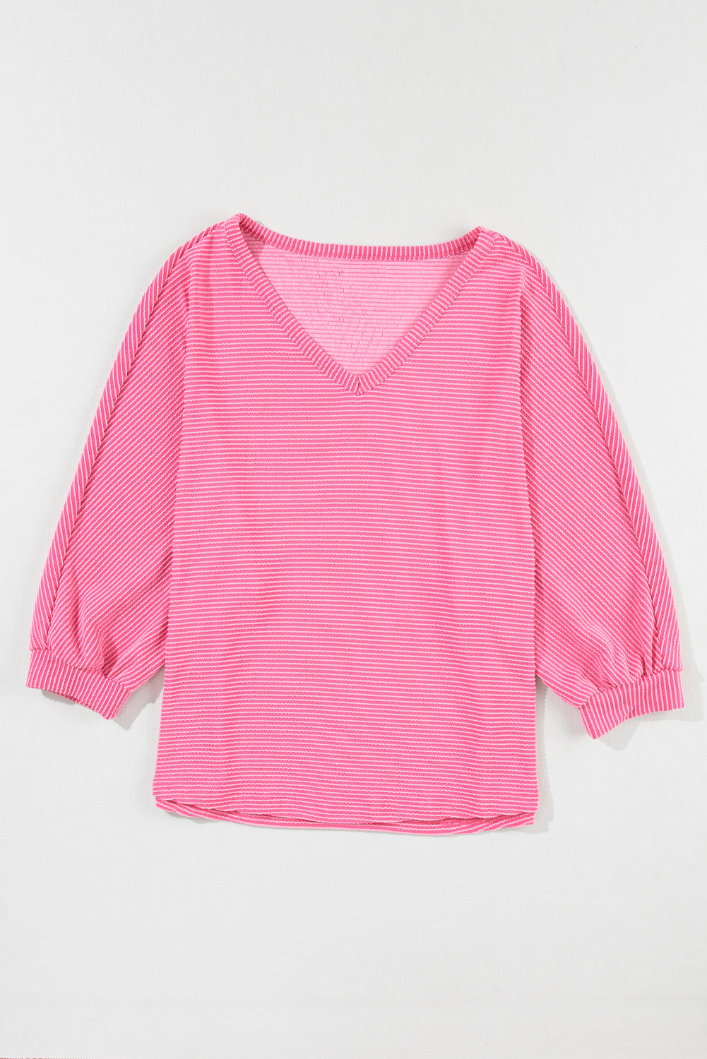 Strawberry Pink Ribbed Striped V Neck Bracelet Sleeve Top