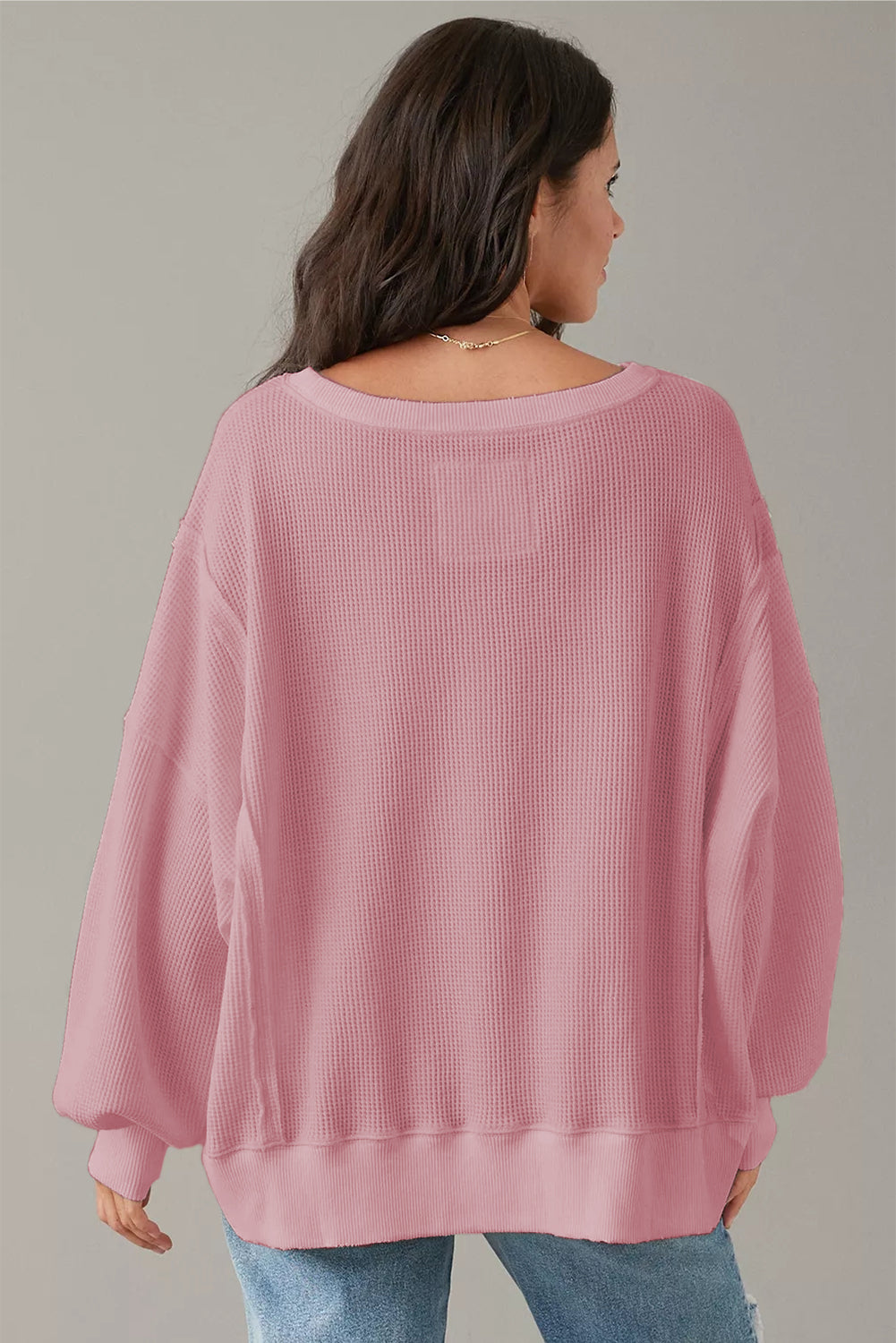 Pink Waffle Bishop Sleeve Split Oversized Sweatshirt