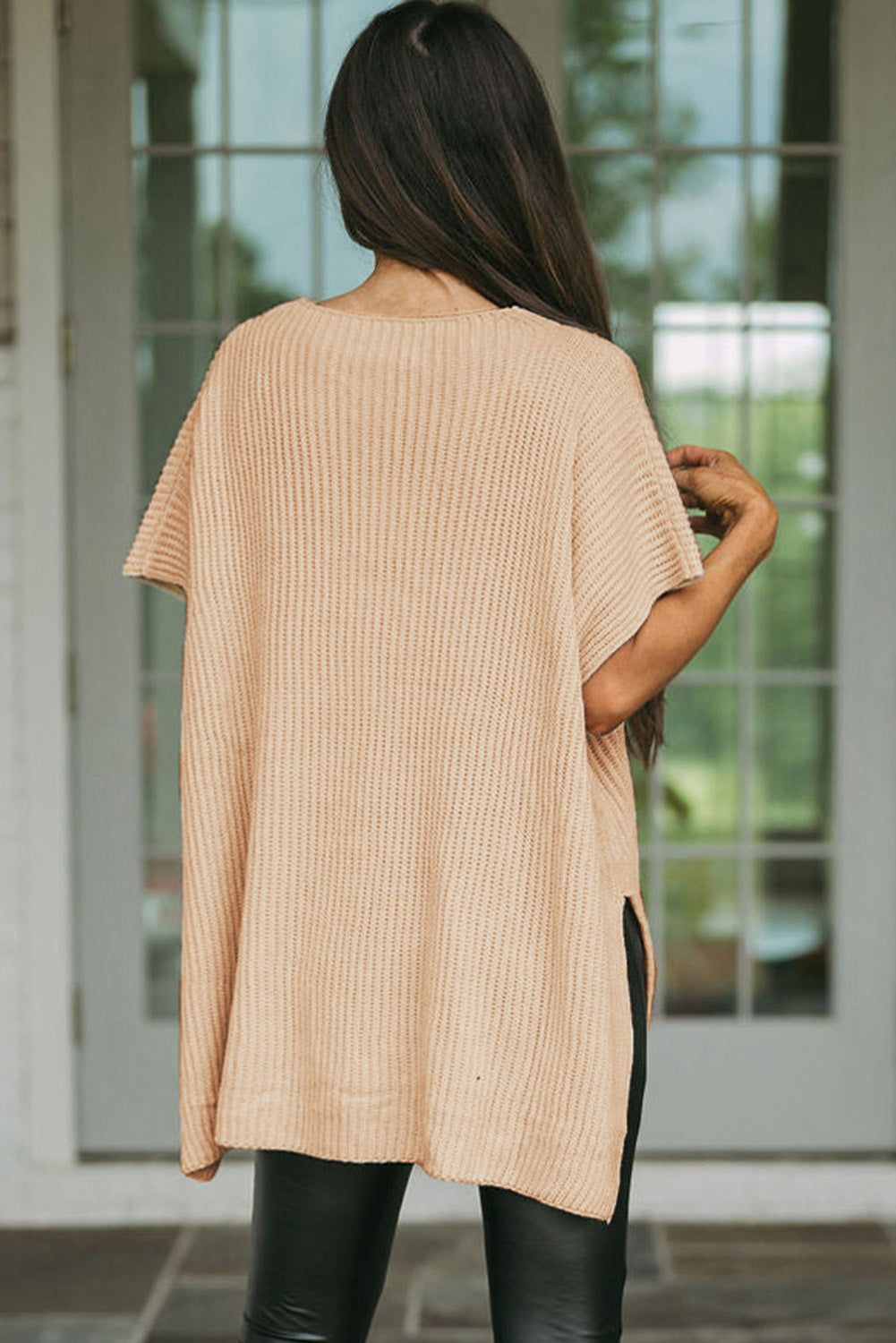 Haze Blue Side Slit Short Sleeve Oversized Sweater