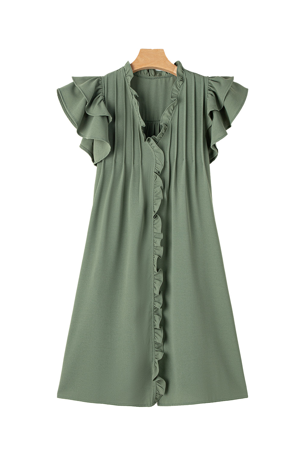 Mist Green Ruffle Trim Sleeve V Neck Pocketed Mini Dress