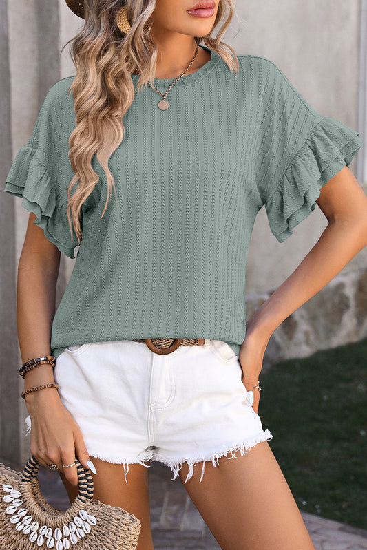 Mist Green Plain Textured Layered Ruffle Sleeve T Shirt