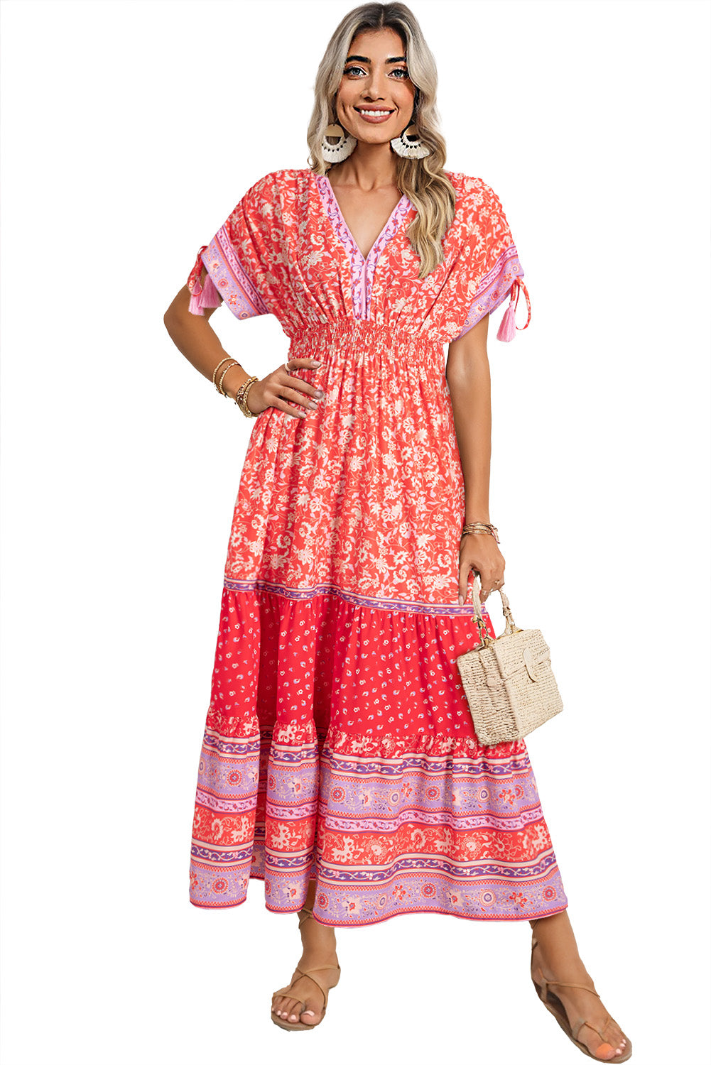 Red Boho Floral Tassel Tie Sleeve Maxi Dress