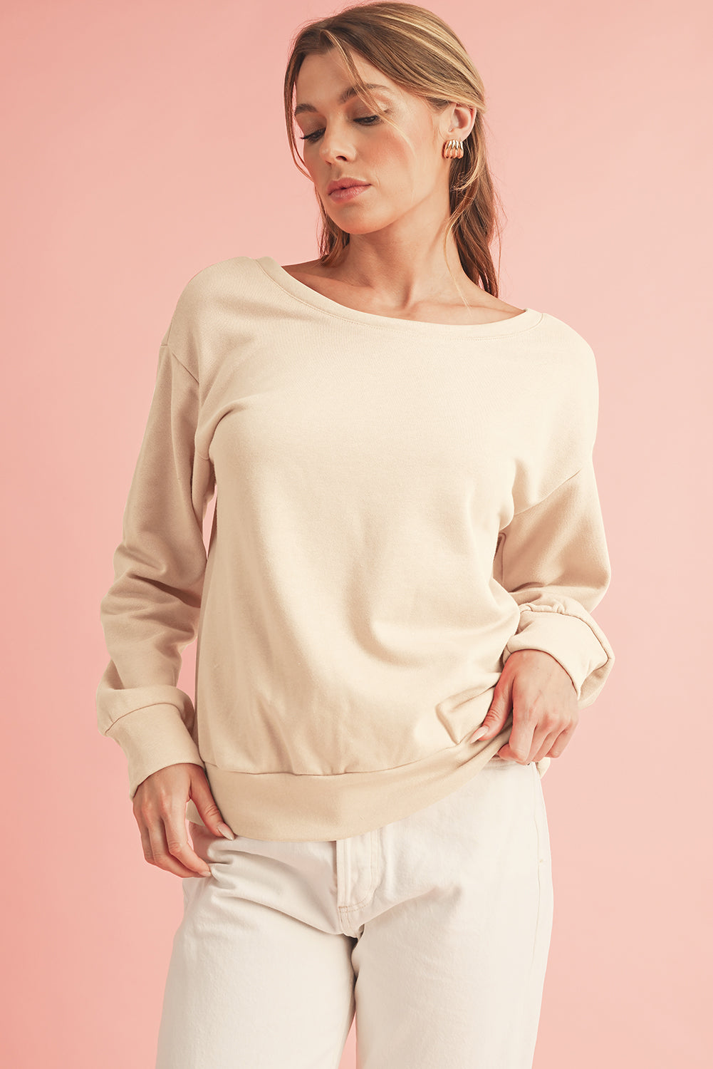 Apricot Bowknot Plain Round Neck Sweatshirt