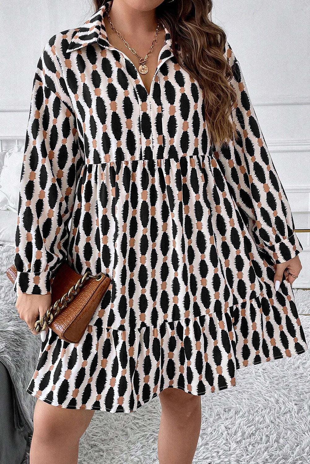 Apricot Abstract Print Collared V Neck Plus Size Mini Dress