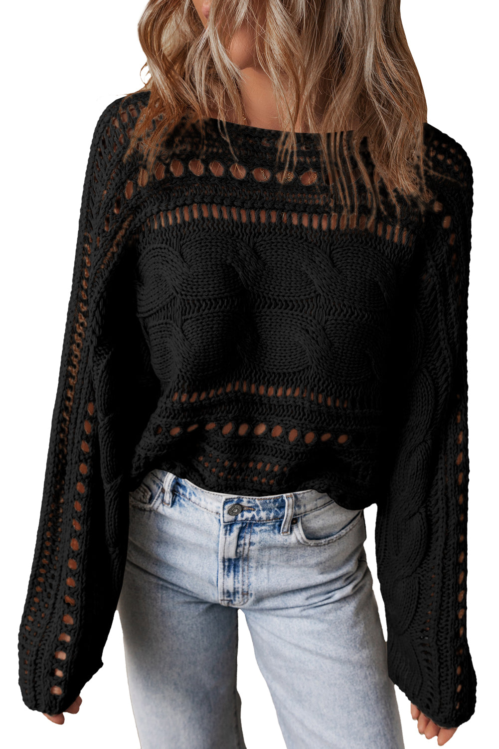 Smoke Gray Hollow Out Cable Knit Cropped Sweater