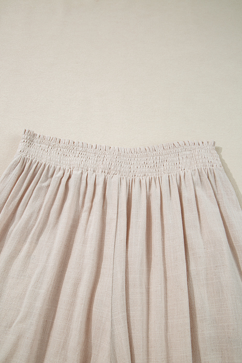 Beige Frill Smocked Waist Wide Leg Plus Size Pants