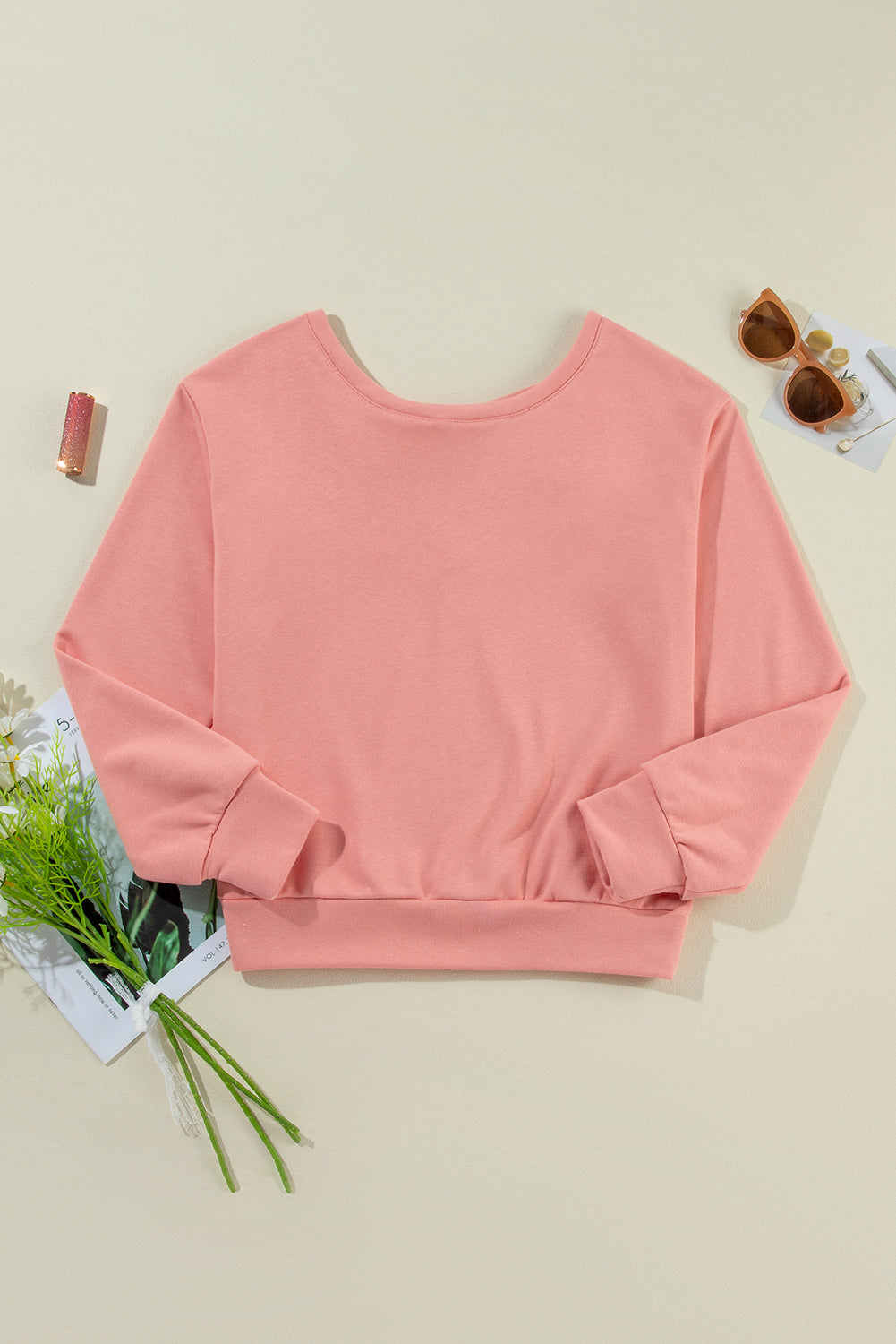 Apricot Bowknot Plain Round Neck Sweatshirt