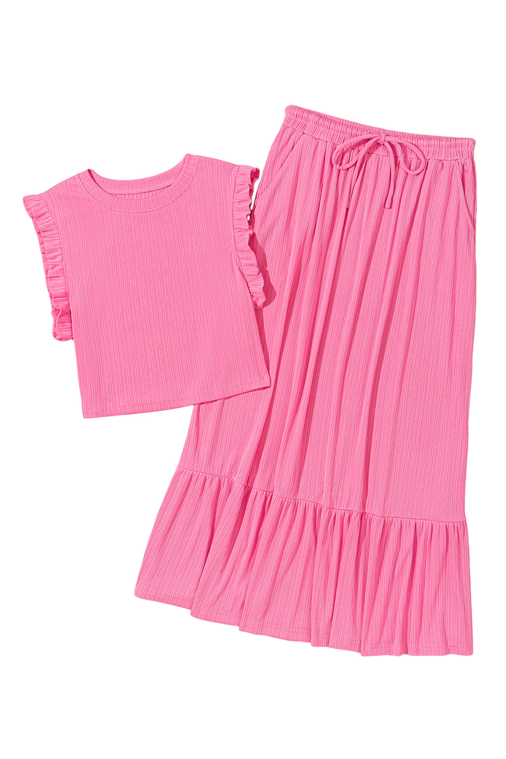 Bonbon Textured Ruffle Trim Crop Top and Drawstring Skirt Set