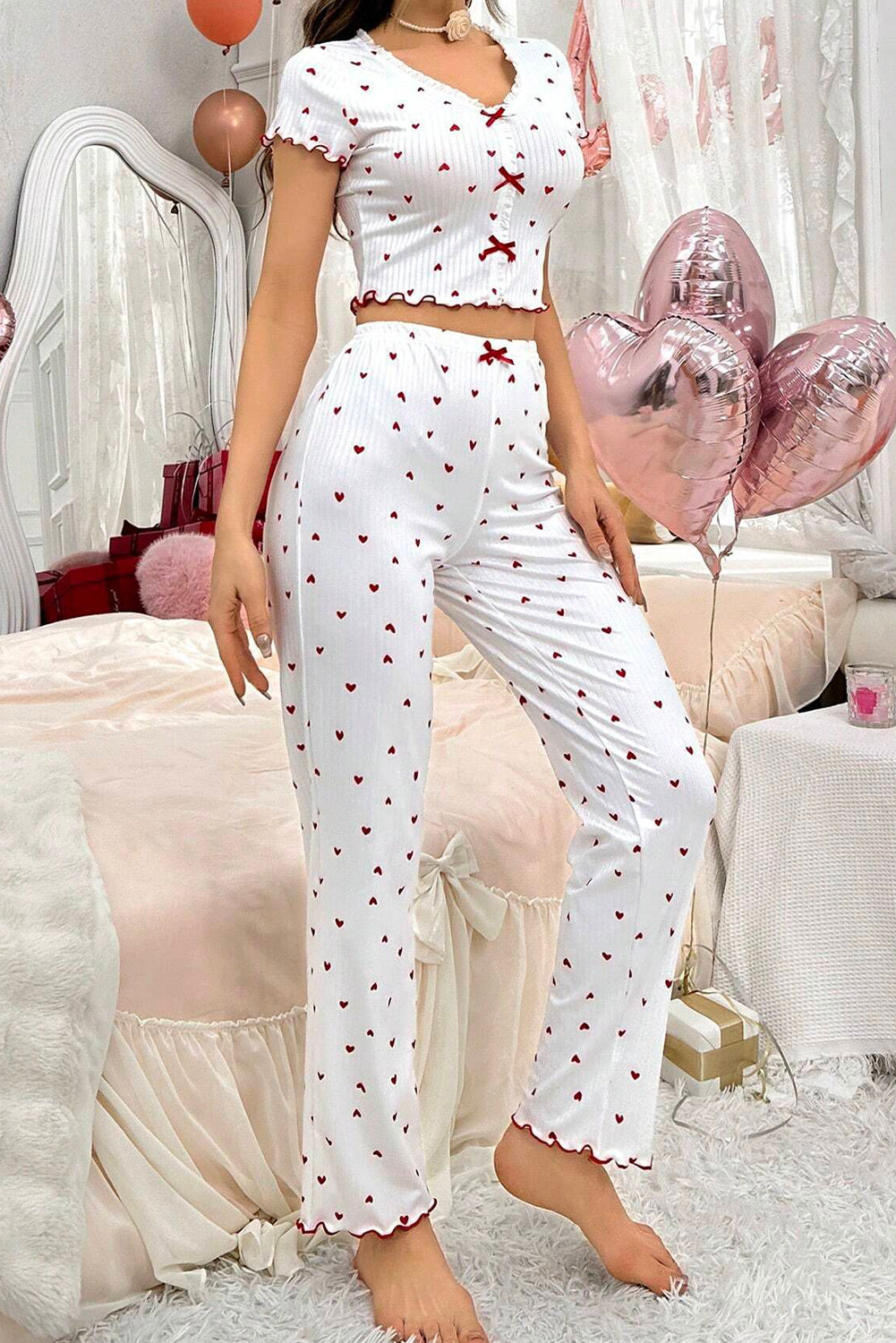 White Valentines Heart Pattern Tee and Pants Pajama Set