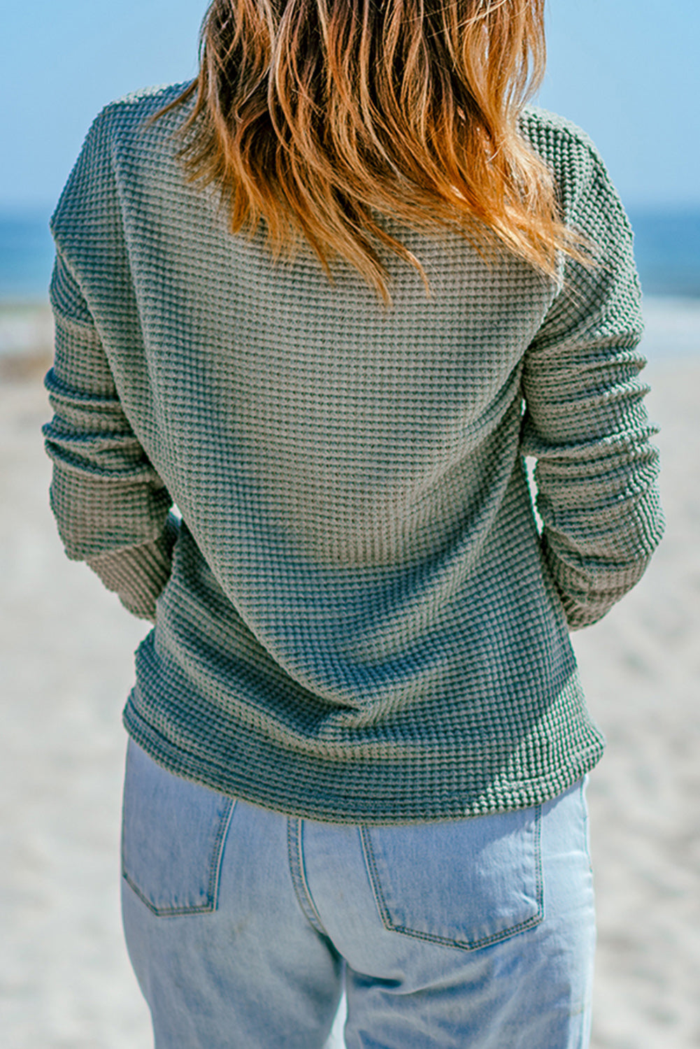 Navy Blue Waffle Knit Drop Shoulder Long Sleeve Top