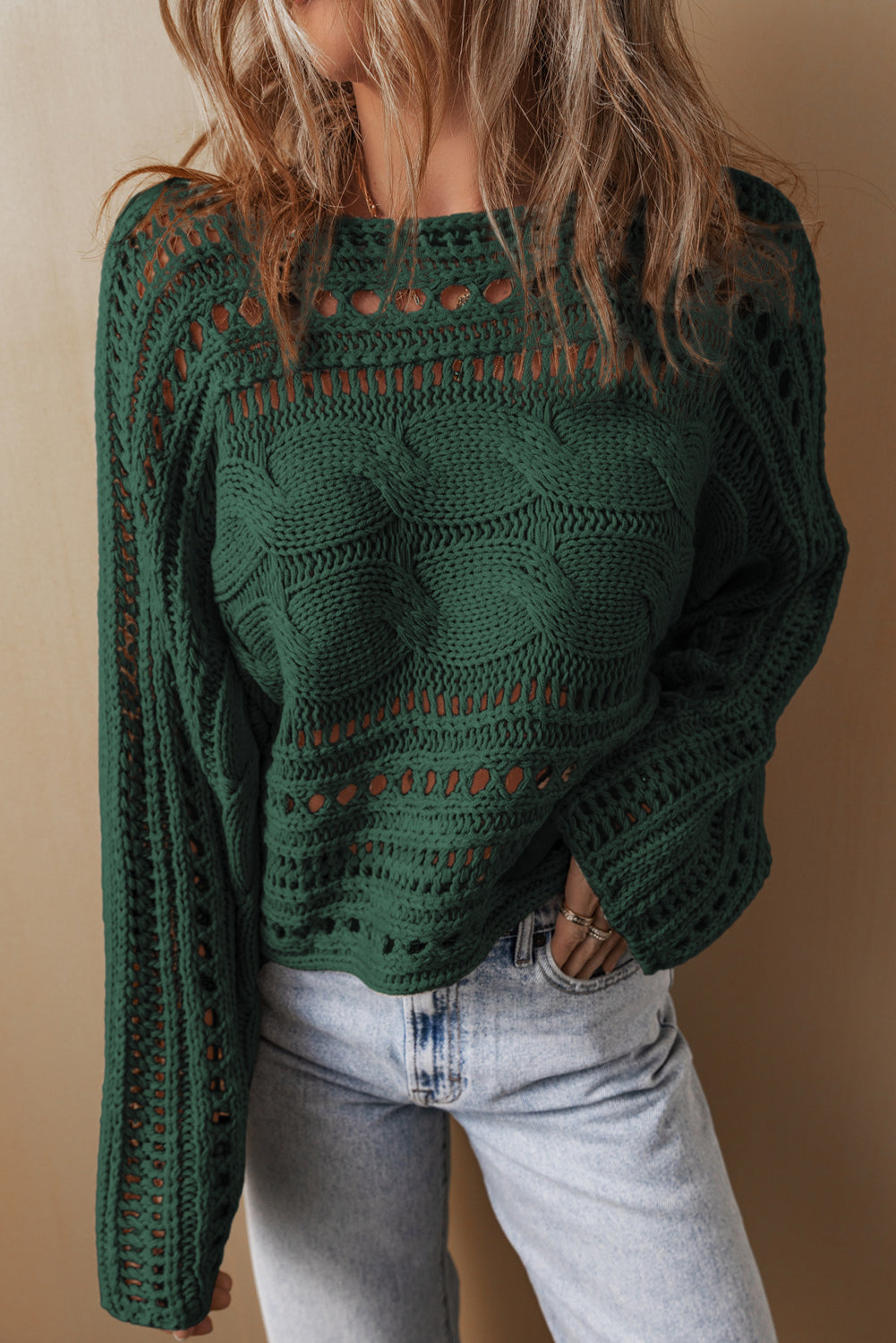 Smoke Gray Hollow Out Cable Knit Cropped Sweater