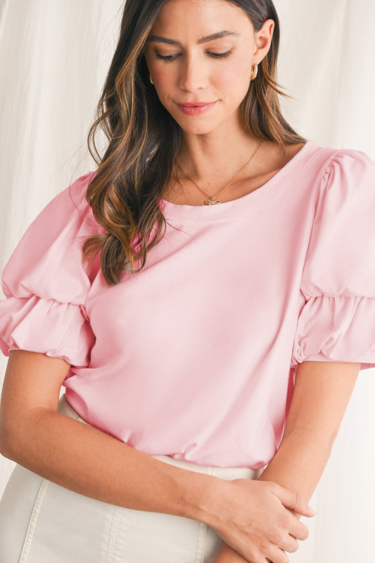 Light Pink Scoop Neck Puff Sleeve Blouse