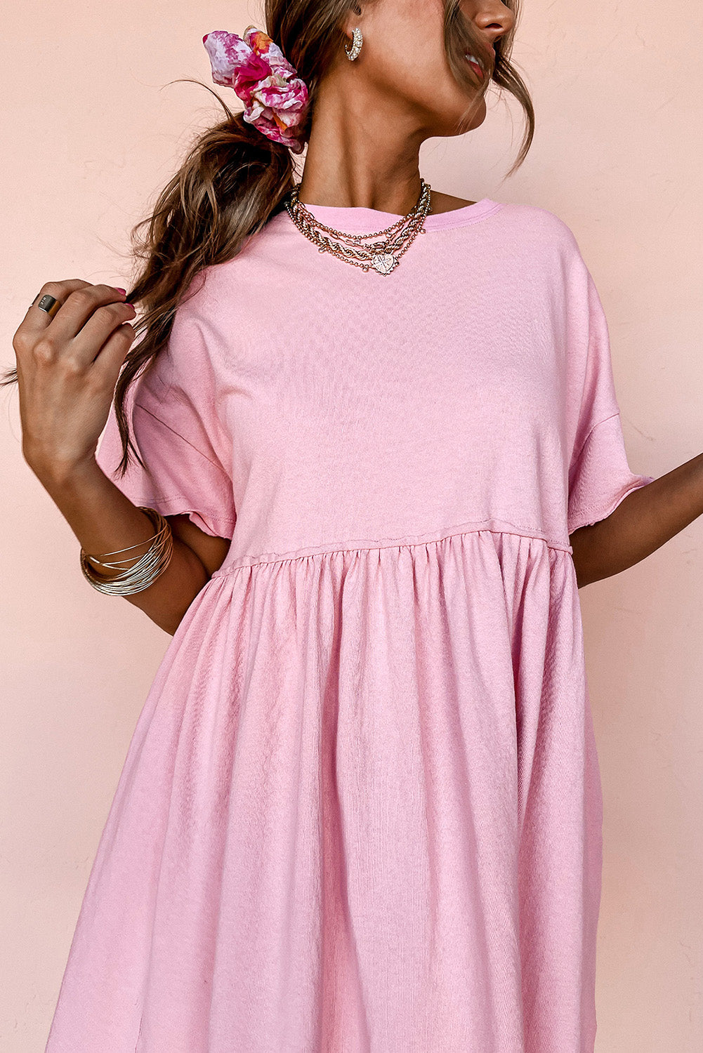 Light Pink Solid Color Pocket Raw Edge Babydoll Dress