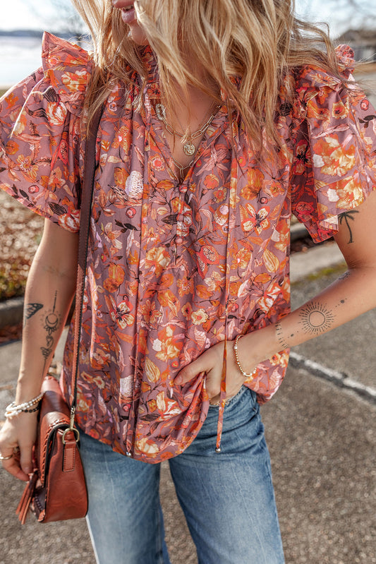 Orange Floral Print Ruffle Flutter Sleeve V Neck Blouse