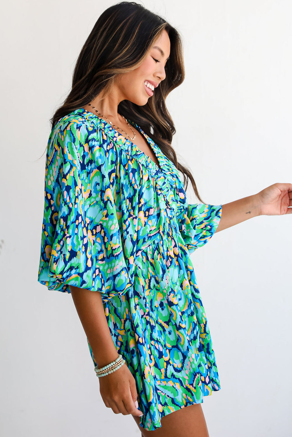 Green Abstract Print Batwing Sleeve V Neck High Waist Romper